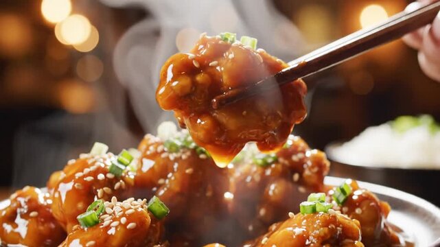 Closeup of glossier glazed chicken bites with sesame seeds and chopped scallions held by chopsticks