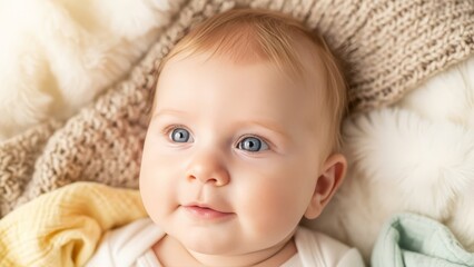 Curious baby looking up on soft textured background