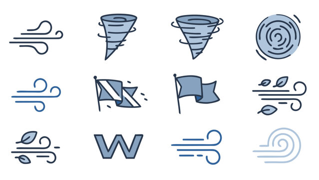 Collection of weather icons representing wind, tornadoes, and flags blowing