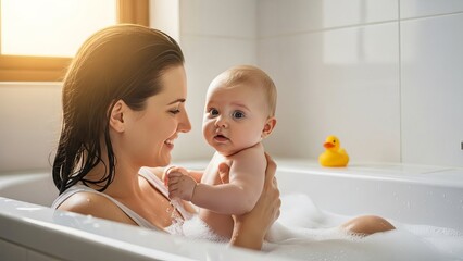 Mother and baby bonding in a bathtub with tile background