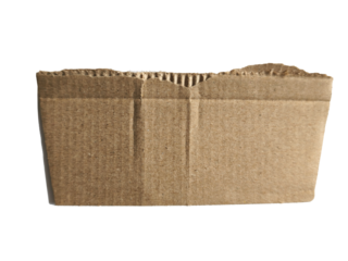 Brown rectangular corrugated cardboard fragment with rough torn side on white background.