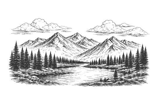 Majestic mountain range with pine forest and calm lake landscape, vintage hand-drawn line art engraving style vector illustration for outdoor adventure.