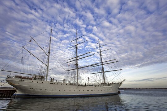 Sailing ship Gorch Fock 1 in the port of Stralsund, Hanseatic City of Stralsund, Mecklenburg-Western Pomerania, Germany