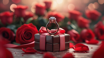 A Diamond Engagement Ring Presented on a Chocolate Box Surrounded by Red Roses, Symbolizing Love and Commitment