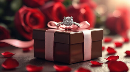 Sparkling diamond ring on a gift box, amidst red roses and petals, signifies a romantic proposal, engagement, or special celebration of enduring love