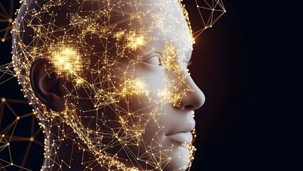 Cognitive computing and human brain neural network architecture. Transhumanism and deep learning. Stylized human head profile formed by glowing golden data nodes and connections.