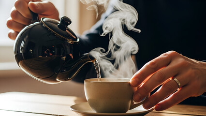 Close-up of hands preparing a warm beverage as hot tea is poured from a brown teapot into a ceramic cup.