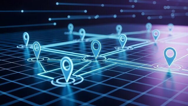 Global logistics tracking and supply chain management system. Geolocation and navigation routing. Glowing map pins connected by digital lines on a perspective grid background.