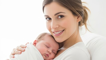 Woman smiling holding sleeping baby against white background
