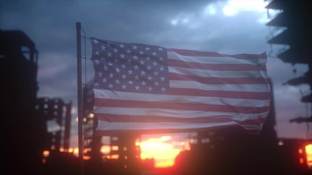 USA Flag Fluttering in Wind in Abandoned Ruins With Glowing Horizon