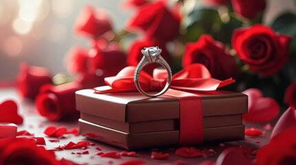 A sparkling diamond ring rests atop a gift box, adorned with a red ribbon, surrounded by a romantic display of red roses and scattered heart petals