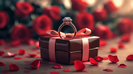 A stunning diamond ring rests atop a beautifully wrapped gift box, surrounded by delicate rose petals, evoking romance and celebration