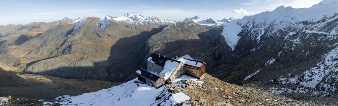 Mountain panorama and glacier, mountain hut Ramolhaus in autumn with snow, view of Gurgler Ferner with summit Hochwilde and Falschungsspitze, &Ouml;tztal Alps, Tyrol, Austria