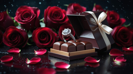 A luxurious proposal a diamond ring rests on a chocolate box surrounded by red roses and petals