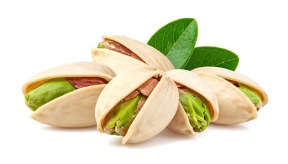 Close-up studio shot of several open nut shells showing the green seed inside, with fresh green leaves