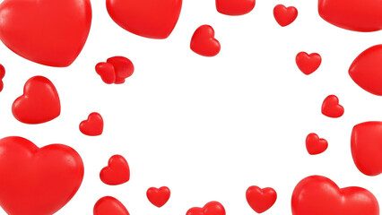 Collection of red glossy hearts floating and scattered isolated on transparent background