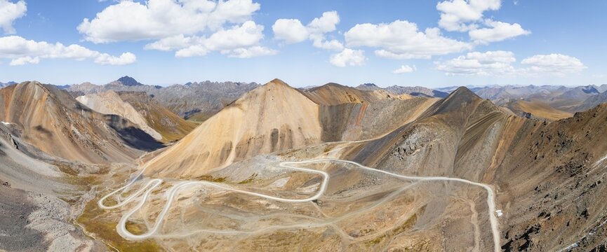 Aerial view, road with serpentines, mountain pass in the Tien Shan, Chong Ashuu Pass, Kyrgyzstan, Issyk Kul, Kyrgyzstan