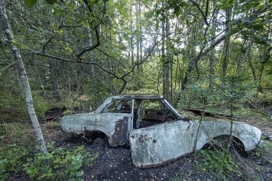 Ancient scrap car, Kyrk&ouml; Mosse car graveyard, Ryd, Tingsryd, Kronobergs l&auml;n, Sweden