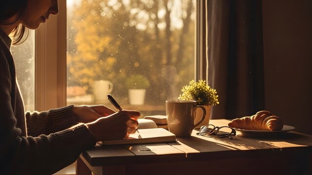 A woman sits at a desk by a window writing in a notebook with a cup of coffee and breakfast nearby