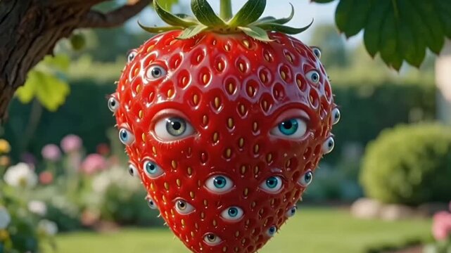 Surreal Strawberry with Multiple Blinking Human Eyes Hanging on a Tree Branch