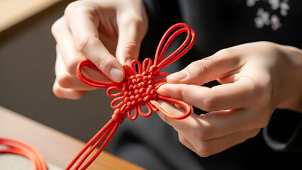 Expert hands carefully adjusting the final loops of a beautifully intricate red traditional Chinese knot, almost completing the cultural artwork.