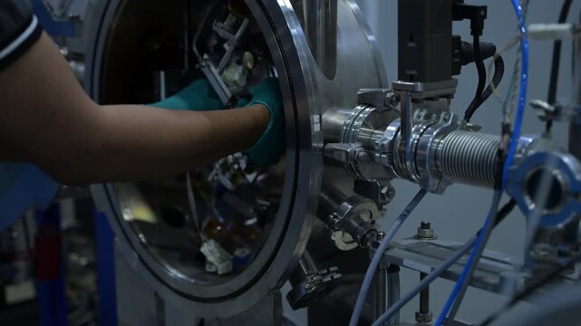 Close up technician hands in blue gloves using tool for precision maintenance on machine in industrial factory. Engineering, science, laboratory and quality manufacturing business.