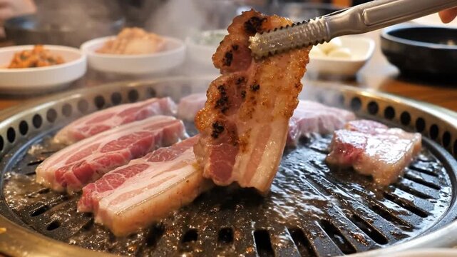 Sliced pork belly sizzles on a round grill as steam rises; bowls of sides surround the grill. Enjoy!
