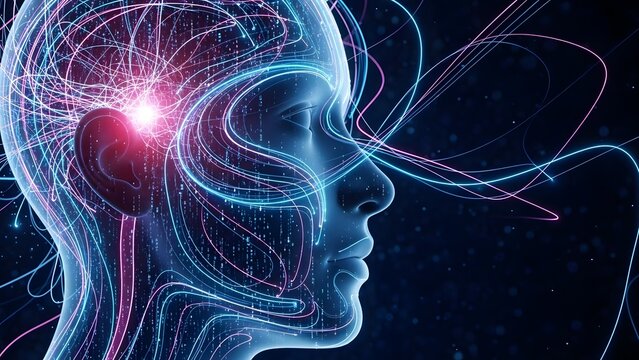 Digital consciousness and human head circuit simulation. Machine learning and virtual reality. Glowing transparent human profile filled with data lines and neural network energy patterns