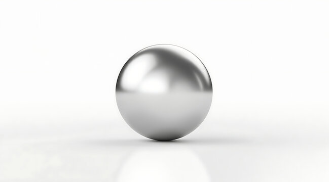 Smooth reflective silver sphere with metallic surface shines brightly on clean white background, creating modern and sleek look