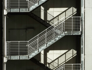 Industrial Metal Fire Escape Staircase with Geometric Shadows on Building Facade