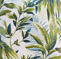 Tropical Leaf Pattern Fabric Texture with Green and Blue Botanical Design