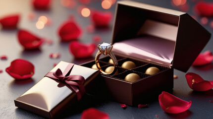 Beautiful engagement ring in a gift box surrounded by rose petals, a romantic proposal