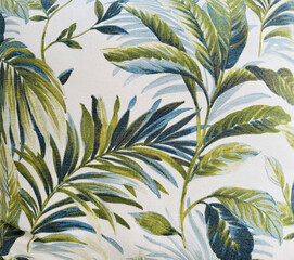 Tropical Leaf Pattern Fabric Texture with Green and Blue Botanical Design