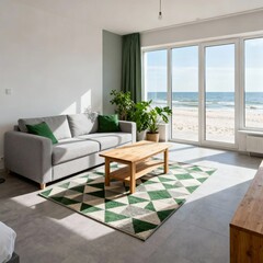 Naklejka premium Modern living room with large windows overlooking the beach and ocean