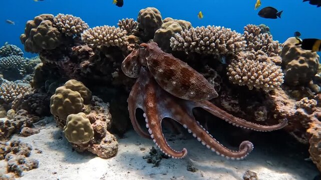 Underwater scene of an octopus and a fish near coral reef with marine life.