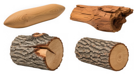 Four wooden logs and a plank on isolated transparent background for crafting or construction