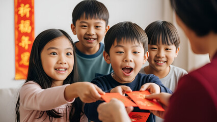 A young boy happily receives red envelopes from an adult's hands in a warm and intimate family celebration scene.
