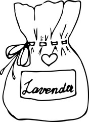 Vector line illustration of an essential bag with lavender isolated on a white background.