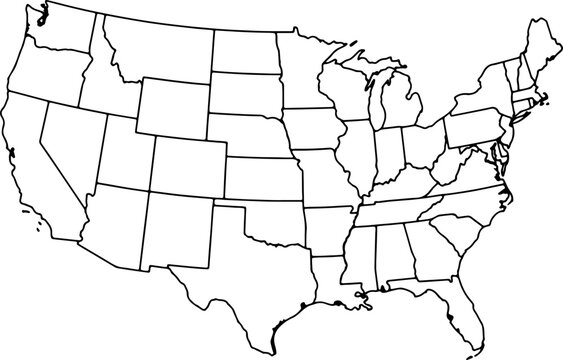 Outline map of the united states with state borders on white background illustration for geographic and educational purposes