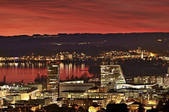 Evening mood with skyline and Lake Zug in the foreground the skyscrapers Parktower and Uptown, Zug, Canton Zug, Switzerland