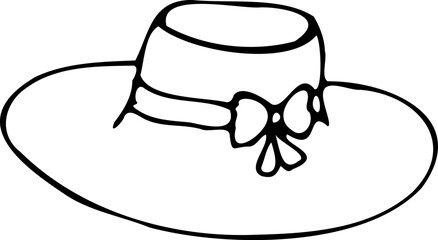 Vector line illustration of a women sun hat with decorative bow knot isolated on a white background.