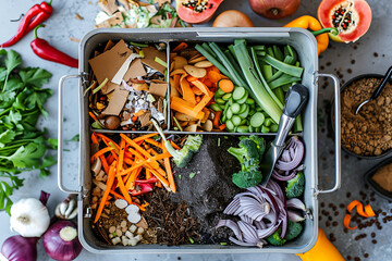 Flat lay composition of a home composting setup with organic waste and kitchen tools. Sustainable lifestyle concept focused on recycling, zero waste, and eco-friendly living.