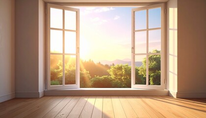 Fototapeta premium Open window with warm sunlight entering empty room, peaceful healing mood