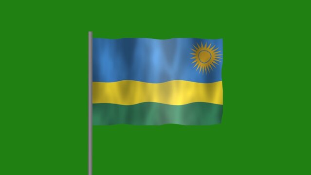 Flag of Rwanda, Pole flag of Rwanda on Green screen chroma key, Rwanda flag waving in the wind isolated on Green Background.
