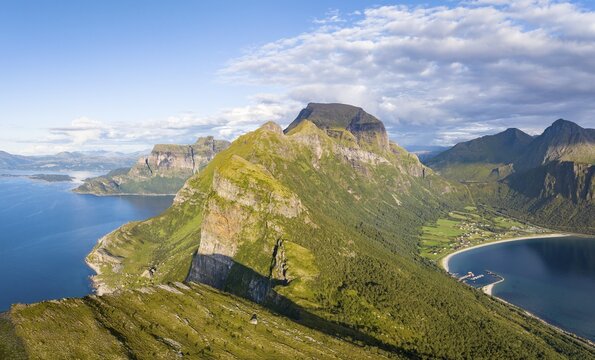 View from Finnesfjellet mountain to mountains and coast, Finnes, Helgeland coast, Bod&oslash;, Nordland, Norway
