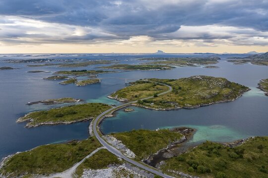 Road over small islands, archipelago islands, Her&oslash;y island, Helgeland coast, Nordland, Norway
