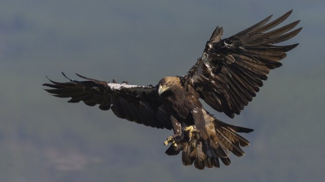 Spanish imperial eagle (Aquila adalberti), adult bird in flight in a mountainous landscape, Toledo province, Castile, La Mancha, Spain