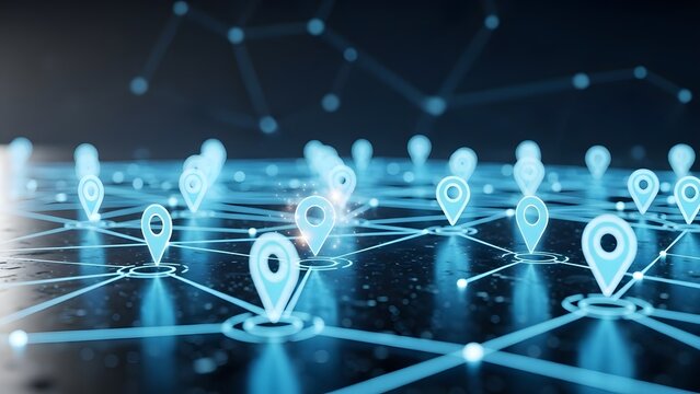 Global positioning and map pin network. Navigation technology and location tracking. Glowing blue location icons connected by data lines on a dark reflective surface.