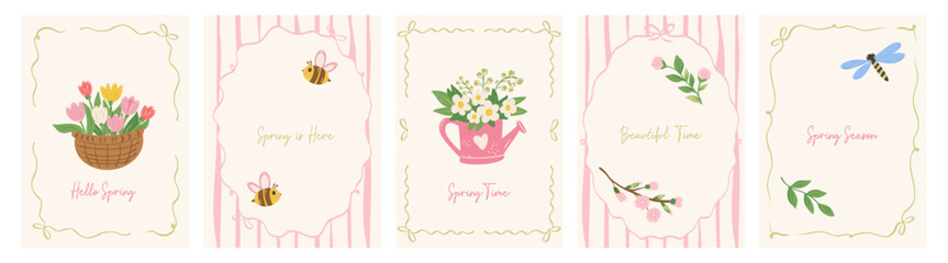 Obraz premium Vintage spring set of cute cards in coquette art. Hand drawn whimsical frames with bows and ribbons. Set of banner design with flowers, leaves, branch. Colorful blossom vector template for holiday.
