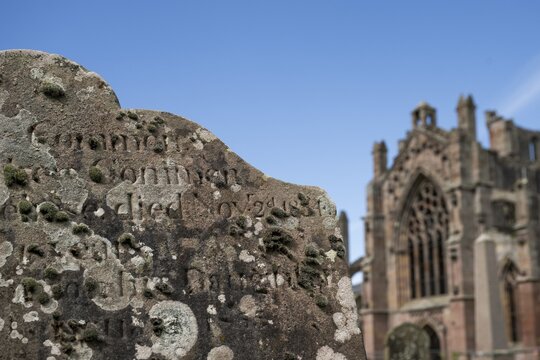 Gravestone, Cemetery, Melrose Abbey Ruin, Melrose, Borders District, Scotland, United Kingdom